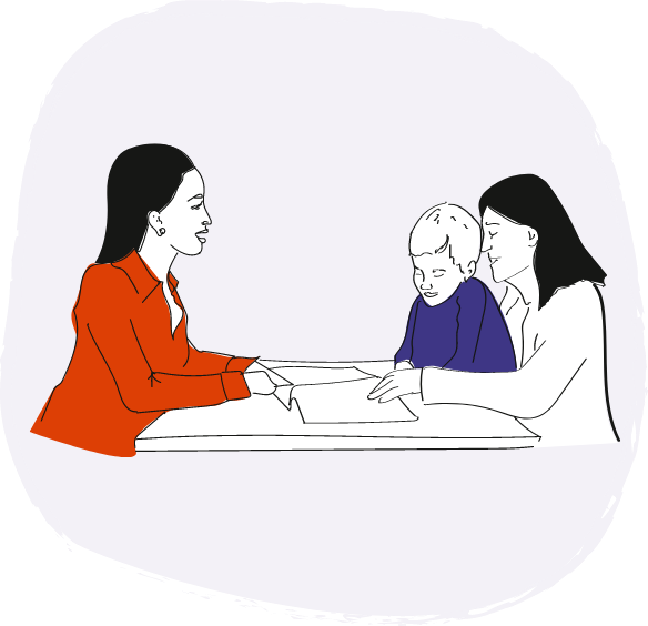 Woman speaking with a mother and kid showing them documents 