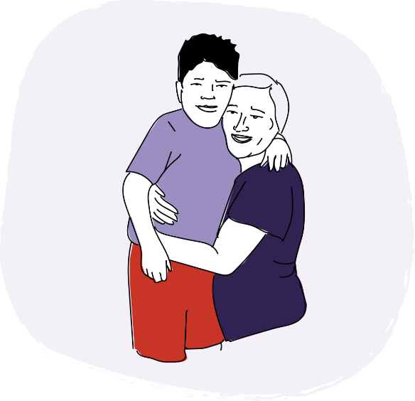 Mother hugging son with Hunter syndrome.