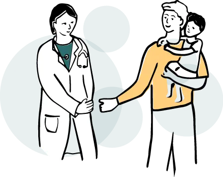 Hunter syndrome diagnosis overview man holding baby shaking hands with female doctor green and yellow
