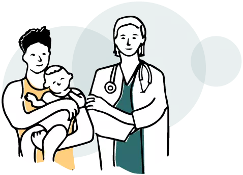 Managing hunter syndrome cartoon parent holding baby with doctor green and yellow
